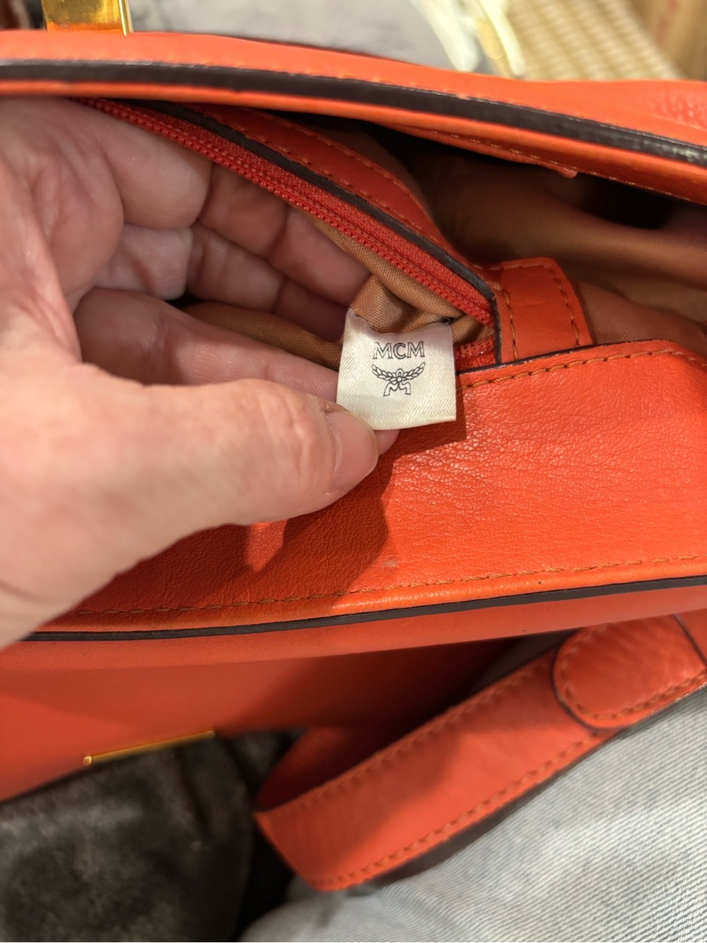Vintage MCM Coral-Orange Leather Shoulder Satchel with Gold Hardware - Picture 8 of 16